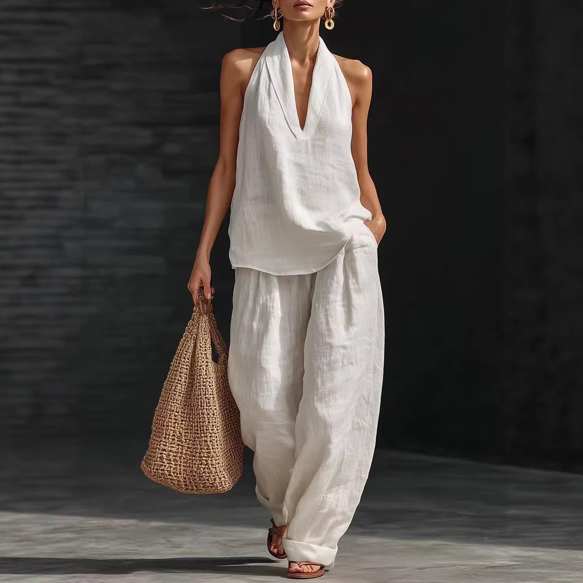 Womens Sleeveless Linen Two-Piece Set