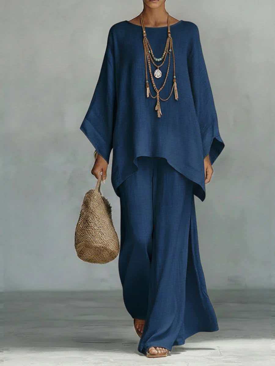 Women's Linen Blend Shirt and Wide-Leg Pants Set