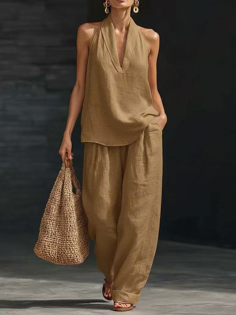 Womens Sleeveless Linen Two-Piece Set