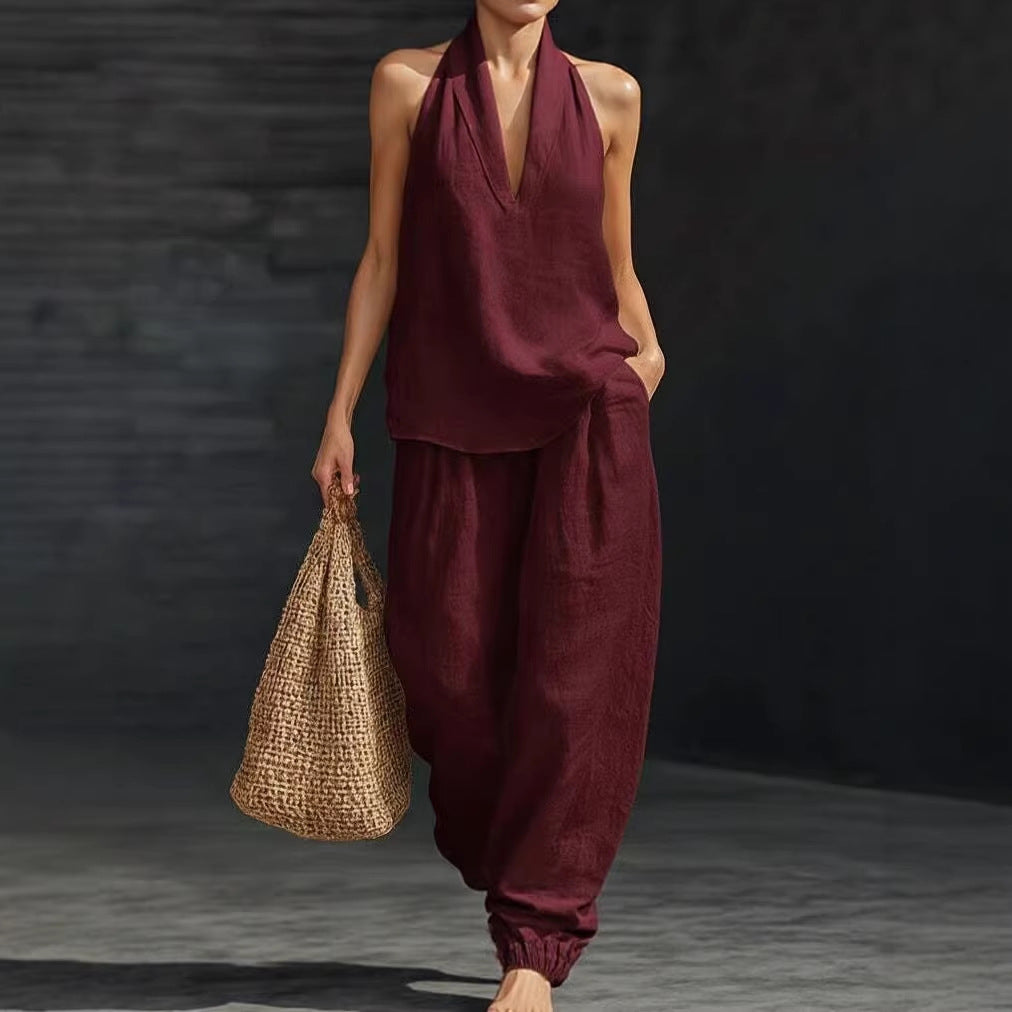 Womens Sleeveless Linen Two-Piece Set
