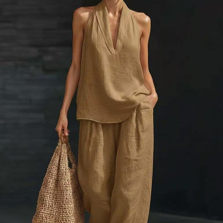 Womens Sleeveless Linen Two-Piece Set