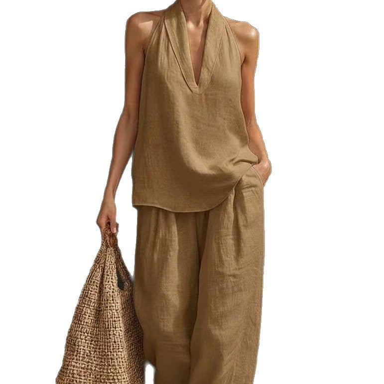 Womens Sleeveless Linen Two-Piece Set