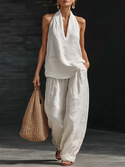 Womens Sleeveless Linen Two-Piece Set
